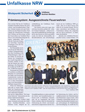 Eine Magazinseite der Unfallkasse NRW zeigt mehrere Fotos von einer Preisverleihung für ausgezeichnete Prävention. Oben links ist Text über die Bedeutung effektiver Prävention im Arbeitsschutz. Unten sind Fotos von Preisträgern mit Urkunden, einem Gruppenbild und einer Person, die am Podium spricht. Die Seite thematisiert Arbeitsschutzmaßnahmen und betont die Wichtigkeit von Sicherheitskultur.