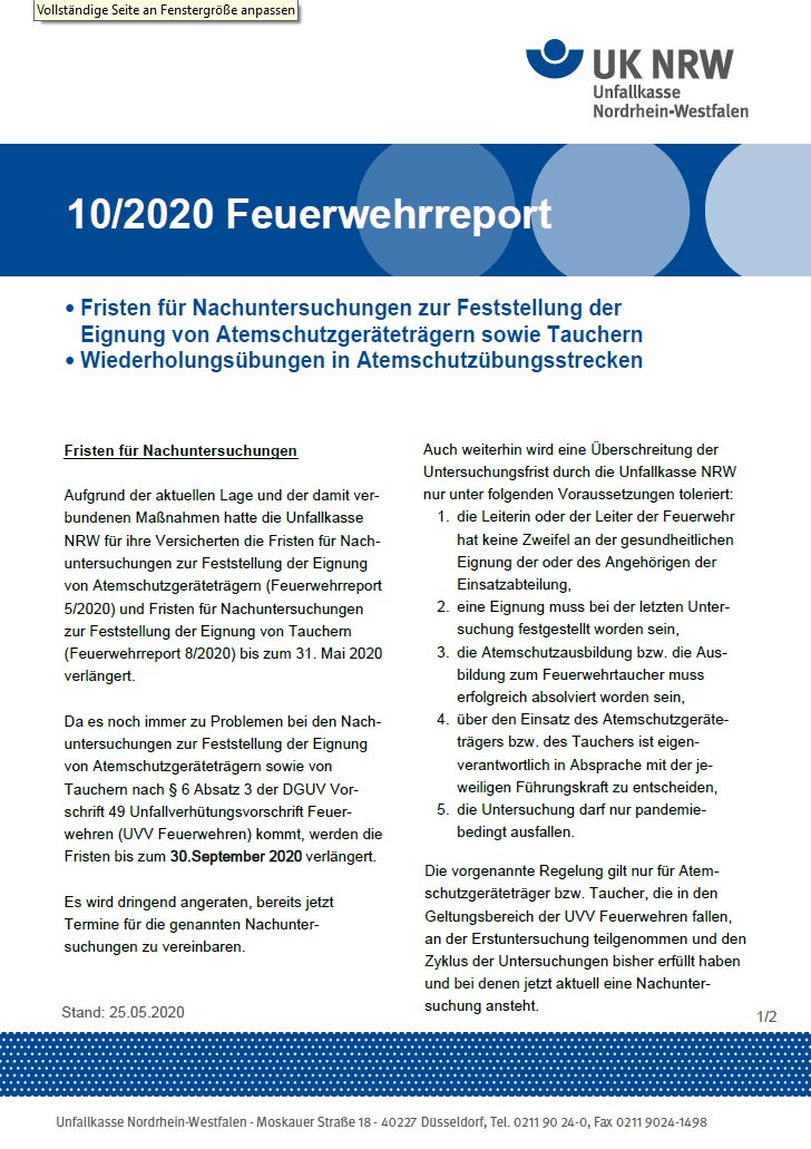 Ein Dokument der Unfallkasse NRW mit dem Titel '10/2020 Feuerwehrreport'. Es informiert über Fristen für Nachuntersuchungen zur Feststellung der Eignung von Atemschutzgeräteträgern und Tauchern. Der Text referenziert auf Maßnahmen, die bis zum 31. Mai 2020 verlängert wurden. Am oberen Rand ist das Logo der Unfallkasse Nordrhein-Westfalen sichtbar.