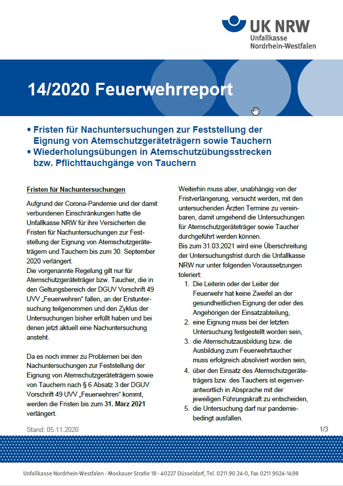 Deckblatt des Feuerwehrreports 14/2020 der Unfallkasse NRW. Enthält Informationen über Fristen für Nachuntersuchungen zur Feststellung der Eignung von Atemschutzgeräteträgern sowie Tauchern und Wiederholungsübungen in Atemschutzübungsstrecken. Das Dokument hat einen blauen Hintergrund mit weißem Text und UK NRW Logo oben rechts. Unten befinden sich die Kontaktinformationen der Unfallkasse Nordrhein-Westfalen.