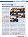 Dieses Bild zeigt einen Artikel der Unfallkasse NRW mit dem Titel 'Sicherheitsforum Feuerwehr: Fokus nicht an die PSA'. Der Artikel diskutiert Arbeitsschutz und Prävention in Feuerwehren. Es sind mehrere Fotos enthalten, darunter eines von Teilnehmern in Diskussion und eines, das Feuerwehrleute bei einer Vorführung zeigt. Der Inhalt konzentriert sich auf umfassende Sicherheitsmaßnahmen über die persönliche Schutzausrüstung (PSA) hinaus.