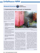 Seite der Unfallkasse NRW mit einem Artikel über das Sicherheitsforum für Feuerwehrleute im September. Der Artikel beschäftigt sich mit Präventionsmaßnahmen und Arbeitsschutz für Feuerwehrkräfte. Auf der linken Seite Text in Spalten und auf der rechten Seite ein Bild mit einer Szene, in der eine Person in Schutzkleidung vor einem brennenden Objekt steht. Es sind Rauch und Flammen zu sehen, die auf einen Übungseinsatz hinweisen.