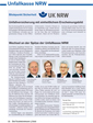 Die Seite zeigt mehrere Porträtfotos von Personen, vermutlich Vorstandsmitglieder der Unfallkasse NRW, mit dazugehörigen Namen und Positionen. Der Text thematisiert Unfallverhütung und die Bedeutung des Arbeitsschutzes. Überschriften betonen Verantwortung in der Unfallprävention und administrative Prioritäten der Institution. Nutzung von Blau und Weiß als Hauptfarbthema.