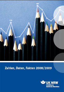 Das Bild zeigt Buntstifte in verschiedenen Längen, die wie ein Diagramm angeordnet sind, mit einer weißen Linie darüber, die eine aufsteigende Kurve darstellt. Darunter steht 'Zahlen, Daten, Fakten 2008/2009'. Unten rechts im Bild befindet sich das Logo der Unfallkasse Nordrhein-Westfalen. Das Bild könnte Berichte oder Statistiken über Arbeitsschutz und Prävention visualisieren.