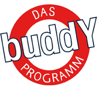 Das Bild zeigt ein Logo mit einem großen, roten Kreis. Im Inneren des Kreises steht in blauer Schrift das Wort 'buddy'. Oben im Kreis steht 'DAS' und unten 'PROGRAMM'. Das Logo symbolisiert ein Präventions- und Schutzprogramm, das im Kontext von Arbeitssicherheit steht. Es könnte mit Bemühungen der Unfallkasse NRW zur Förderung von Arbeitsschutz und Präventionsmaßnahmen verbunden sein.