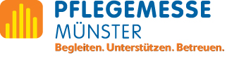 Das Bild zeigt das Logo der Pflegemesse Münster. Links ist ein stilisiertes Diagramm in Orange, das vertikale Balken zeigt, die an ein Bar-Chart erinnern. Rechts davon steht in blauen Großbuchstaben 'Pflegemesse Münster'. Unter dem Text befinden sich die Worte 'Begleiten. Unterstützen. Betreuen.' in orangefarbener Schrift. Das Logo könnte im Kontext von Arbeitsschutz und Prävention für Pflegekräfte stehen, relevant für die Unfallkasse NRW.