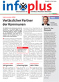 Die Titelseite der Zeitschrift InfoPlus der Unfallkasse NRW, Ausgabe 3/2016. Oben ist der Schriftzug 'info plus' zu sehen. Der Hauptartikel betont die Rolle der Unfallkasse NRW als verlässlicher Partner für Kommunen im Bereich Arbeitsschutz und Prävention. Ein Foto eines Mannes in Anzug befindet sich rechts oben neben einem kleineren Artikel. Der Hintergrund ist größtenteils weiß mit roten Akzenten.