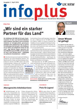 Das Bild zeigt die Titelseite des Infoplus Magazins der Unfallkasse Nordrhein-Westfalen, Ausgabe 2 April 2010. Der Hauptartikel trägt den Titel 'Wir sind ein starker Partner für das Land' und betont die Zusammenarbeit im Bereich Arbeitsschutz und Prävention. Weitere Themen umfassen Wissenstransfer, altersgerechte Arbeitskarrieren und einen Preis für Jugend. Die Seite ist in einer zweispaltigen Layout mit einem hervorgehobenen roten und blauen Design gestaltet.