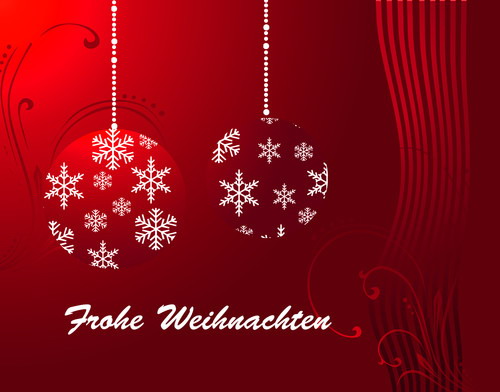 Eine rote Weihnachtskarte mit zwei hängenden, dekorativen Kugeln gefüllt mit weißen Schneeflocken. Unter den Kugeln steht 'Frohe Weihnachten' in weißer Schrift. Der Hintergrund ist mit sanften, geschwungenen Linien und Mustern verziert. Die Karte vermittelt eine festliche Stimmung und kann im Kontext der Unfallkasse NRW für Sicherheit im Arbeitsumfeld während der Feiertage genutzt werden.