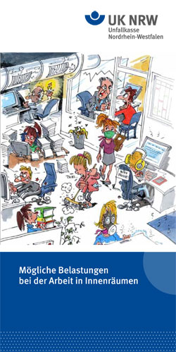 Ein Comic zeigt ein chaotisches Büro mit mehreren Personen: Eine Person telefoniert hektisch, eine ist von Papier umgeben, andere sitzen unkonzentriert am Computer. Einige trinken Kaffee, eine Person sieht gestresst aus. Der Raum ist unordentlich, es herrscht Lärm und Unruhe. Das Bild verdeutlicht Stressfaktoren und Belastungen am Arbeitsplatz im Büro. Logo der Unfallkasse Nordrhein-Westfalen oben rechts. Der Kontext bezieht sich auf Arbeitsschutz und Prävention.