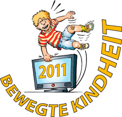 Illustration eines fröhlichen Kindes, das in sportlicher Bewegung über einen Computerbildschirm mit der Aufschrift '2011' springt. Um den Monitor ist der Schriftzug 'Bewegte Kindheit' in einem Halbkreis platziert. Der Kontext deutet auf die Förderung von Bewegung und Prävention im Kindesalter hin, möglicherweise im Rahmen von Arbeitsschutz und Sicherheit durch die Unfallkasse NRW.