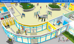 Die Illustration zeigt den Eingangsbereich eines öffentlichen Gebäudes mit Fokus auf Barrierefreiheit. Es sind Menschen unterschiedlichen Alters und mit Behinderungen dargestellt, die sich frei bewegen. Das Gebäude verfügt über breite Türen und Rampen. Informationsschilder und taktile Markierungen sind sichtbar. Der Raum ist hell und übersichtlich gestaltet, was zur Benutzerfreundlichkeit beiträgt. Diese Darstellung könnte im Kontext der Unfallkasse NRW in Bezug auf Arbeitsschutz und Prävention stehen.