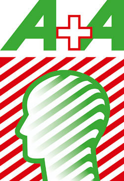 Das Bild zeigt das Logo der A+A Messe, einer Veranstaltung für Sicherheit und Gesundheit bei der Arbeit. Das Logo besteht aus einem grünen stilisierten Profil eines menschlichen Kopfes auf einem rot-weiß gestreiften Hintergrund. Darüber befindet sich der Schriftzug 'A+A' in grüner Farbe, wobei ein rotes Kreuz zwischen den beiden 'A' eingebettet ist. Die Messe thematisiert Arbeitsschutz und Prävention, wichtige Aspekte für Organisationen wie die Unfallkasse NRW.