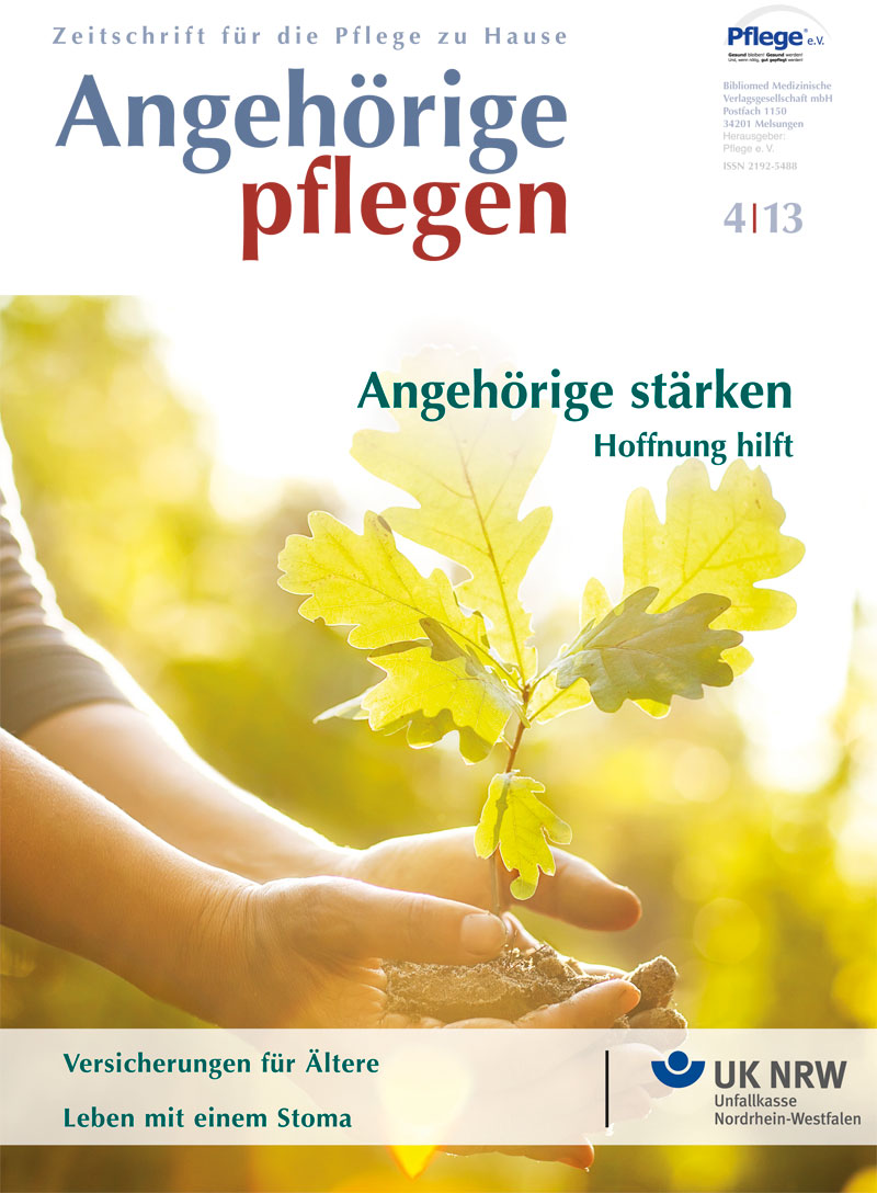 Das Cover der Zeitschrift 'Angehörige pflegen' zeigt eine Hand, die einen kleinen grünen Setzling hält. Überschriften thematisieren die Stärkung von Angehörigen und verschiedene Versicherungsthemen, relevant für den Kontext der Unfallkasse NRW. Dies spiegelt den Fokus auf Arbeitsschutz und Prävention wider.