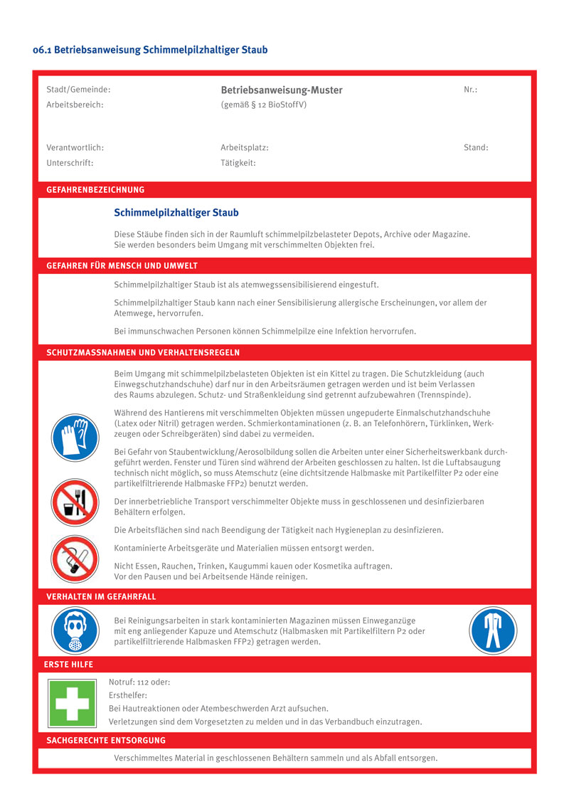 Die Betriebsanweisung informiert über den sicheren Umgang mit schimmelpilzhaltigem Staub in der Arbeitsumgebung. Sie enthält Warnhinweise, Schutzmaßnahmen und Verhaltensregeln zum Schutz der Gesundheit. Details zu benötigter Schutzausrüstung, Erste-Hilfe-Maßnahmen und der richtigen Entsorgung werden bereitgestellt. Die Anweisung sorgt für Prävention und Arbeitsschutz gemäß den Richtlinien der Unfallkasse NRW.