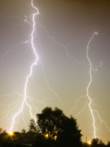 Das Bild zeigt mehrere helle Blitze, die von einem bewölkten Nachthimmel herabzucken. Im Vordergrund sind die Umrisse von Bäumen und weiter entfernten Stadtlichtern sichtbar. Die Darstellung verdeutlicht die Bedeutung von Sicherheitsvorkehrungen und Prävention bei Unwettern im Kontext des Arbeitsschutzes, wie es für die Unfallkasse NRW relevant ist.