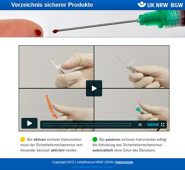 Das Bild zeigt ein Titelbild mit einer Spritze, gefolgt von vier kleineren Bildern darunter. Oben links zeigt eine Hand, die eine Spritze mit einer aktivierten Sicherheitsmechanismus-Nadel hält. Oben rechts führt eine grüne Spritze die Nadel ein. Unten links wird der Sicherheitsmechanismus der Nadel manuell aktiviert. Unten rechts zeigt eine Hand die Spritze mit aktiviertem Sicherheitsmechanismus. Die Beschriftung erläutert den Unterschied zwischen aktiven Instrumenten, die manuell aktiviert werden müssen, und passiven, die sich selbst aktivieren. Verzeichnis für sicheres Arbeiten im Gesundheitsbereich wird betont.