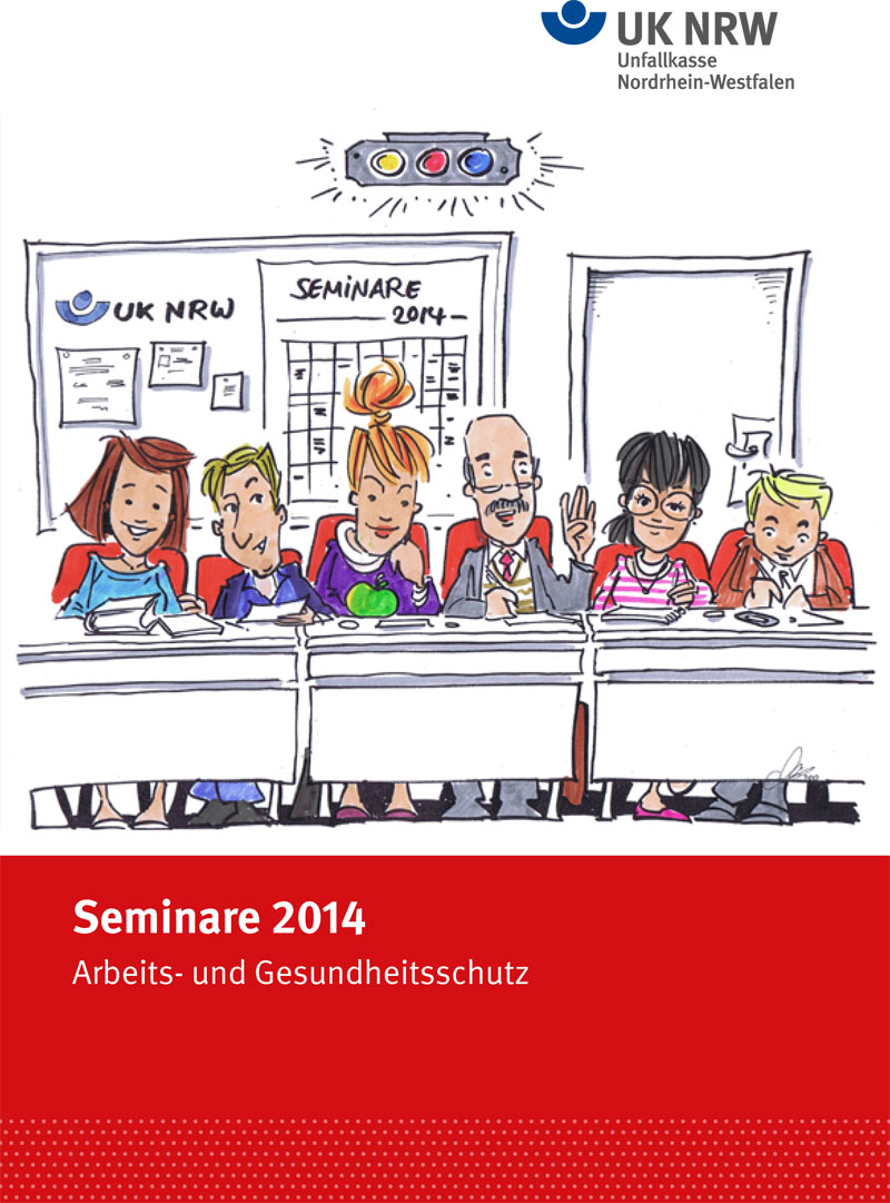 Zeichnung einer Gruppe von fünf Personen, die an einem Tisch bei einem 'UK NRW' Seminar sitzen. Oben ist das Logo der Unfallkasse Nordrhein-Westfalen sichtbar. Im Hintergrund sind ein Whiteboard und ein Plakat mit 'SEMINARE 2014' zu sehen. Das Bild vermittelt den Kontext von Bildung und Prävention im Bereich Arbeitsschutz.