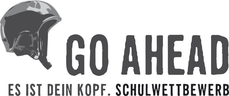 Das Bild zeigt ein Logo mit der Aufschrift 'GO AHEAD' und einem stilisierten Schutzhelm links daneben. Darunter steht 'Es ist dein Kopf. Schulwettbewerb.' Der Kontext deutet auf einen Wettbewerb der Unfallkasse NRW hin, der Arbeitssicherheit und Prävention thematisiert, insbesondere im schulischen Umfeld.