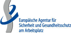 Das Bild zeigt das Logo der Europäischen Agentur für Sicherheit und Gesundheitsschutz am Arbeitsplatz. Es besteht aus einem stilisierten, blauen Buchstaben 'E' links und einem grauen Hintergrundstreifen. Rechts daneben befindet sich der Schriftzug 'Europäische Agentur für Sicherheit und Gesundheitsschutz am Arbeitsplatz' in blauer Farbe. Das Logo symbolisiert Arbeitsschutz und Prävention, Themen, die auch für die Unfallkasse NRW von zentraler Bedeutung sind.