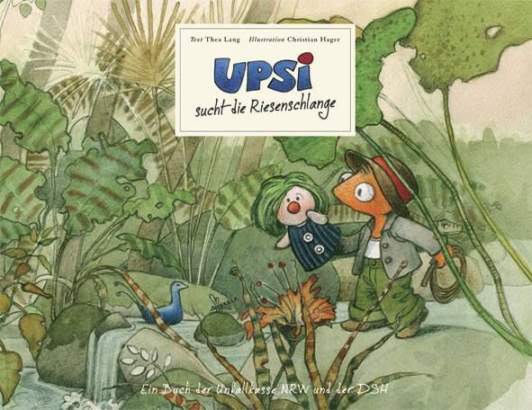Das Bild zeigt zwei gezeichnete Figuren, Upsi und ein Freund, in einem üppigen Dschungel. Pflanzen und ein kleiner Wasserlauf sind zu sehen. Beide Figuren tragen Hüte und scheinen auf der Suche zu sein, während sie ein Buch mit der Aufschrift 'Upsi' zwischen sich halten. Die Szene deutet auf ein Abenteuer hin und vermittelt Bedeutung für Arbeitsschutz und Prävention im Kontext der Unfallkasse NRW.