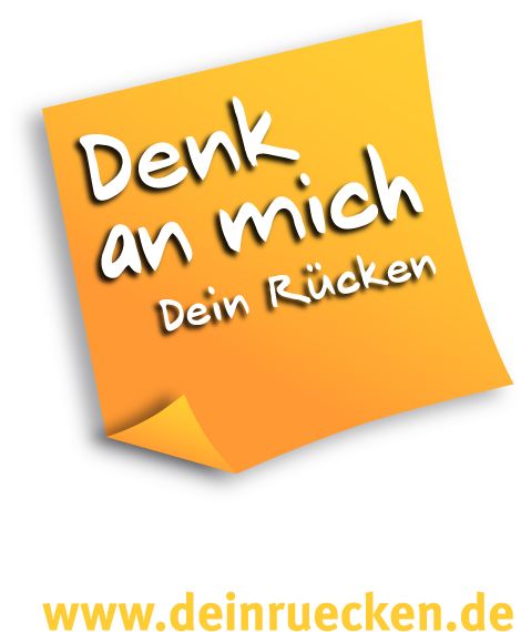 Ein orangefarbener Post-it-Zettel mit der Aufschrift 'Denk an mich, Dein Rücken', der auf die Wichtigkeit der Rückengesundheit hinweist. Unten steht eine Webadresse: www.deinruecken.de. Die Unfallkasse NRW nutzt dieses Bild, um Arbeitnehmende zur Prävention und zum Schutz der Rückengesundheit zu ermutigen.