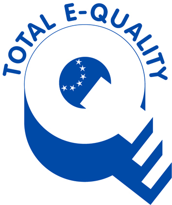 Das Bild zeigt das Logo von Total E-Quality, bei dem in blauen Buchstaben 'TOTAL E-QUALITY' um ein großes, blaues 'Q' angeordnet ist. Im Inneren des 'Q' befinden sich sieben kleine weiße Sterne in einem Halbkreis. Das Logo steht im Kontext von Chancengleichheit und Diversität, was für Präventionsstrategien der Unfallkasse NRW relevant ist.