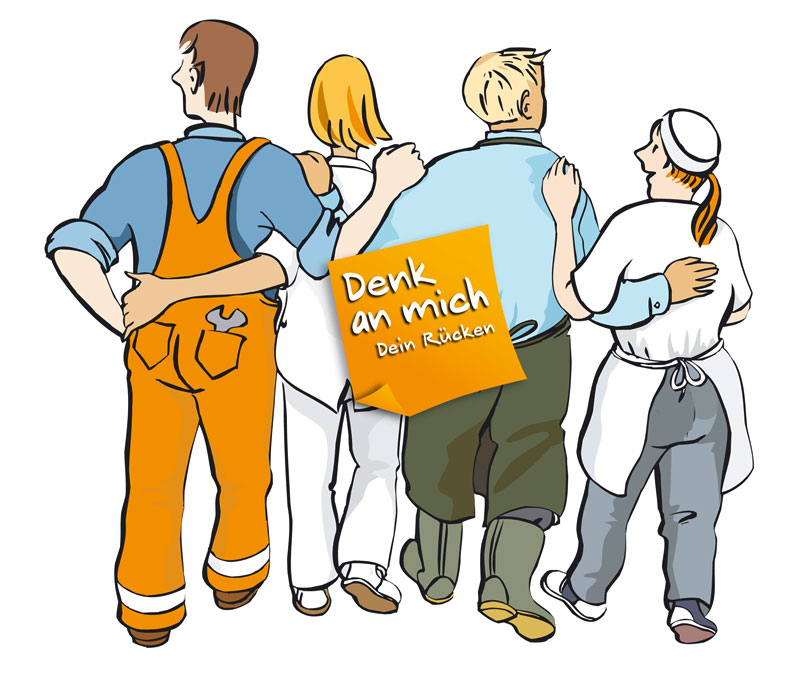 Eine Illustration zeigt vier Personen in unterschiedlichen Arbeitskleidungen von hinten. Sie tragen Warnwesten, Krankenhauskleidung und Kochkleidung. Sie haben die Arme umeinander gelegt, symbolisieren Teamarbeit und Gemeinschaft. In der Mitte befindet sich eine orangefarbene Notiz mit der Aufschrift: 'Denk an mich - Dein Rücken'. Dies verweist auf die Kampagne zur Prävention von Rückenproblemen, unterstrichen durch die Unfallkasse NRW, im Kontext von Arbeitsschutz und Gesundheitsvorsorge.
