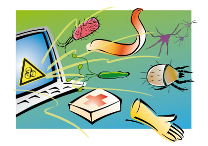 Das Bild zeigt eine farbenfrohe Illustration mit verschiedenen Arbeitsschutzsymbolen. Auf der linken Seite befindet sich ein Computermonitor mit einem gelben Biohazard-Symbol. Neben dem Monitor sind ein Erste-Hilfe-Kasten und ein Paar gelber Handschuhe sichtbar, die auf Sicherheit und Schutz hinweisen. In der Nähe befinden sich auch Darstellungen von gefährlichen Mikroorganismen und Bakterien, die Gesundheitsrisiken symbolisieren. Das Bild steht im Kontext von Prävention und Arbeitsschutz, insbesondere im Hinblick auf Gesundheitsrisiken am Arbeitsplatz.