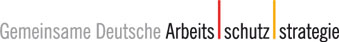 Das Bild zeigt das Logo der Gemeinsamen Deutschen Arbeitsschutzstrategie. Der Text 'Gemeinsame Deutsche Arbeitsschutzstrategie' ist in einer modernen, serifenlosen Schrift dargestellt. Die Wörter 'Arbeitsschutz' sind schwarz und besonders hervorgehoben, während die restlichen Wörter grau sind. Die Buchstaben in 'Arbeitsschutz' werden vertikal von dünnen Linien in den Farben der deutschen Flagge (schwarz, rot, gold) geschnitten. Das Logo steht für die Initiative zur Verbesserung des Arbeitsschutzes und der Prävention in Deutschland.