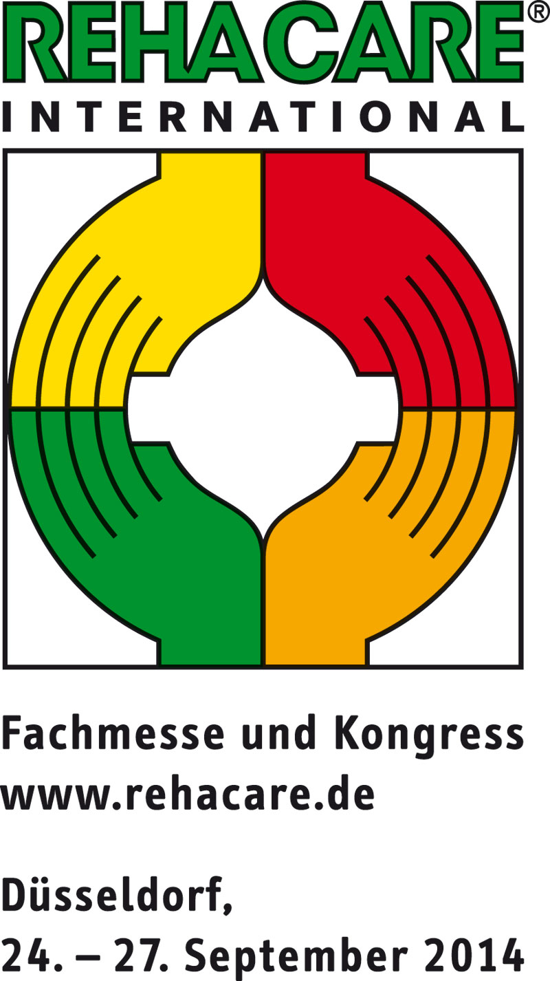 Das Bild zeigt das Logo der Rehacare International Messe 2014. Es besteht aus einem abstrakten, vierfarbigen Kreis. Die Messe findet in Düsseldorf vom 24. bis 27. September 2014 statt. Unterhalb des Logos steht die Website-Adresse www.rehacare.de. Die Rehacare ist eine Fachmesse für Rehabilitation, Prävention, Inklusion und Pflege.