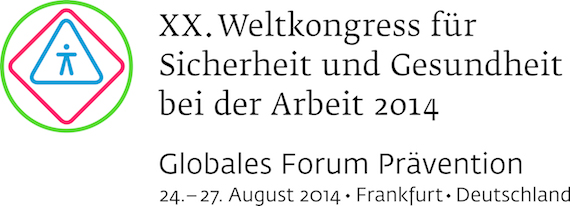 Das Bild zeigt das Logo des XX. Weltkongresses für Sicherheit und Gesundheit bei der Arbeit 2014. In der Mitte befindet sich ein Symbol in einem Kreis: ein stilisierter Mensch mit ausgestreckten Armen. Der Text darunter lautet 'Globales Forum Prävention' mit dem Datum 24.–27. August 2014 und dem Ort Frankfurt, Deutschland. Das Logo thematisiert Arbeitsschutz und Präventionsmaßnahmen.