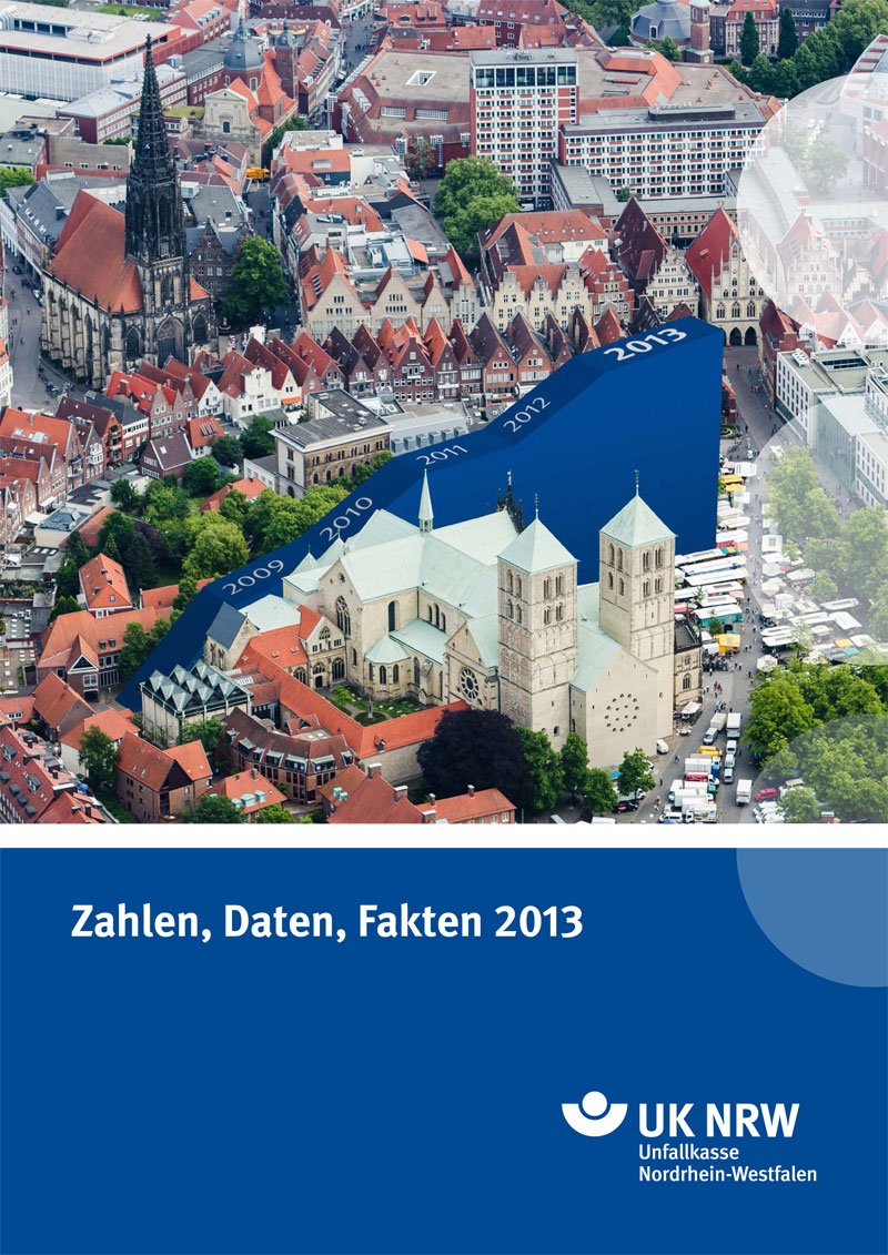 Luftaufnahme der Stadt Münster, in der das Rathaus und andere markante Gebäude zu sehen sind. Über den Gebäuden befindet sich eine blaue Grafik, die von 2009 bis 2013 ansteigt und die Zeitspanne der Unfallstatistik zeigt. Darunter steht in weißer Schrift 'Zahlen, Daten, Fakten 2013'. Im unteren Bereich des Bildes das Logo der Unfallkasse Nordrhein-Westfalen.