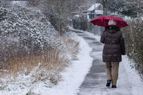 Eine Person in brauner Winterjacke und heller Hose geht mit einem roten Regenschirm auf einem schneebedeckten Gehweg. Die Umgebung ist winterlich und schneebedeckt, mit kahlen Sträuchern und Schneeflocken, die fallen. Diese Szene betont die Bedeutung von Vorsichtsmaßnahmen und geeigneten Schutzmaßnahmen bei winterlichen Wetterbedingungen und kann im Zusammenhang mit Arbeitsschutz und Prävention durch die Unfallkasse NRW betrachtet werden.