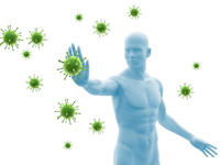 Ein blau gefärbter, stilisierter menschlicher Körper hält seine Hand schützend hoch, um schwebende grüne Viren abzuwehren. Das Bild symbolisiert Schutzmechanismen am Arbeitsplatz, die für die Unfallkasse NRW von Bedeutung sind, insbesondere im Bereich Arbeitsschutz und Prävention vor Infektionskrankheiten.