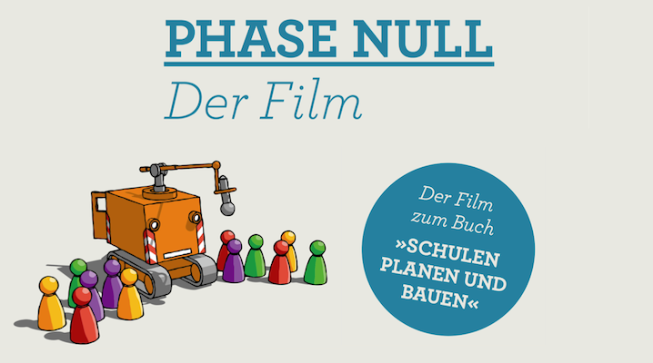 Das Bild zeigt einen orangenen Robot mit einem Arm, der in Richtung einer Gruppe aus bunten Figuren zeigt. Diese Figuren könnten Menschen symbolisieren, die in verschiedenen Farben dargestellt sind. Oben steht der Titel 'Phase Null - Der Film'. Rechts daneben befindet sich ein blauer Kreis mit dem Text 'Der Film zum Buch »SCHULEN PLANEN UND BAUEN«'. Diese Darstellung könnte im Kontext von Arbeitsschutz und Prävention an Schulen stehen, indem es auf innovative Designpläne bei der Schulentwicklung aufmerksam macht.