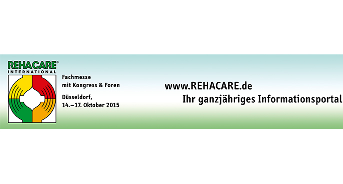 Das Banner zeigt das Logo der Rehacare International Messe mit einem mehrfarbigen Kreis. Die Veranstaltung fand vom 14. bis 17. Oktober 2015 in Düsseldorf statt. Neben dem Logo steht der Text ‚Fachmesse mit Kongress & Foren‘. Auf der rechten Seite steht die Webseite www.REHACARE.de mit dem Hinweis ‚Ihr ganzjähriges Informationsportal‘. Der Kontext betrifft Arbeitsschutz und Prävention, relevant für die Unfallkasse NRW.