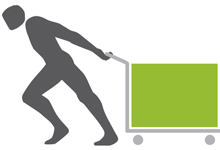 Person zieht einen Wagen mit schwerer Ladung.