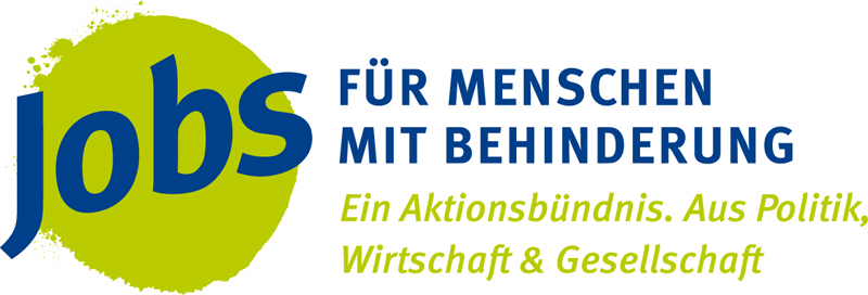 Das Bild zeigt das Logo des Bündnisses 'Jobs für Menschen mit Behinderung'. Es besteht aus dem Wort 'Jobs' in großen, blauen Buchstaben, teilweise überlagert von einem hellgrünen Kreis. Daneben steht der Text 'Für Menschen mit Behinderung' in dunkelblauer Schrift. Darunter steht in grüner Schrift: 'Ein Aktionsbündnis. Aus Politik, Wirtschaft & Gesellschaft.' Das Logo symbolisiert ein Engagement für mehr Arbeitsplätze für Menschen mit Behinderung und mögliche Relevanz für Arbeitsschutz und Prävention.