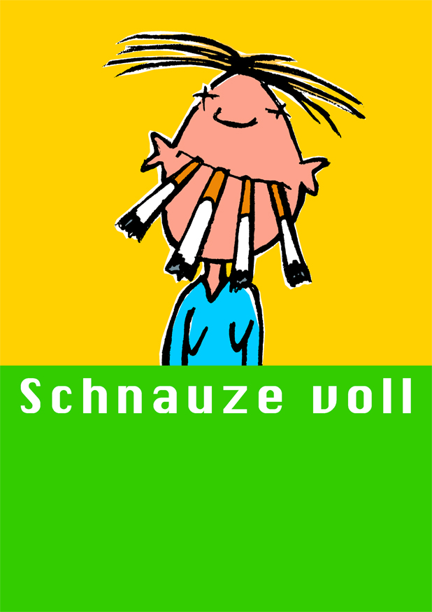 Die Abbildung zeigt eine stilisierte Karikatur einer Person auf gelbem Hintergrund, die zwölf Zigaretten im Mund hat. Darunter steht auf grünem Hintergrund der Schriftzug 'Schnauze voll'. Das Bild thematisiert Rauchen im Kontext von Arbeitsschutz und soll zur Prävention von ungesundem Verhalten am Arbeitsplatz anregen.