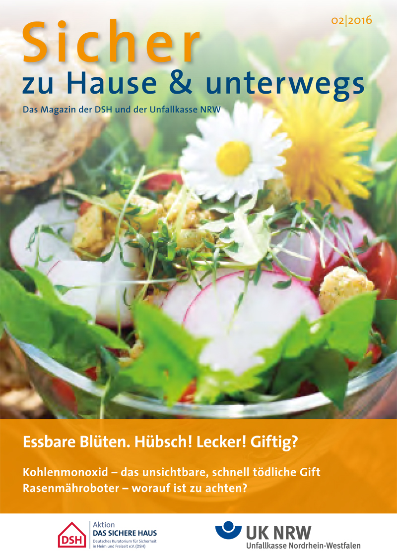 Das Titelbild des Magazins 'Sicher zu Hause & unterwegs' der Unfallkasse NRW zeigt einen frischen Salat mit Radieschen und essbaren Blüten. Oben steht der Titel des Magazins. Unten sind Schlagzeilen zu Themen wie essbare Blüten und Gefahr durch Kohlenmonoxid. Das Magazin behandelt Aspekte des Arbeitsschutzes und der Prävention.