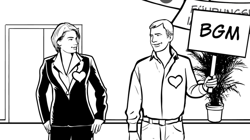 Zwei Personen, eine Frau im Business-Kostüm und ein Mann im Hemd, beide mit Herzen auf ihrer Kleidung, stehen nebeneinander. Der Mann hält ein Schild mit der Aufschrift 'BGM' sowie eine kleine Pflanze. Im Hintergrund ist ein schlichter Raum angedeutet. Das Bild illustriert die Bedeutung von betrieblichem Gesundheitsmanagement im Kontext von Arbeitsschutz und Prävention, wie sie von der Unfallkasse NRW gefördert werden.