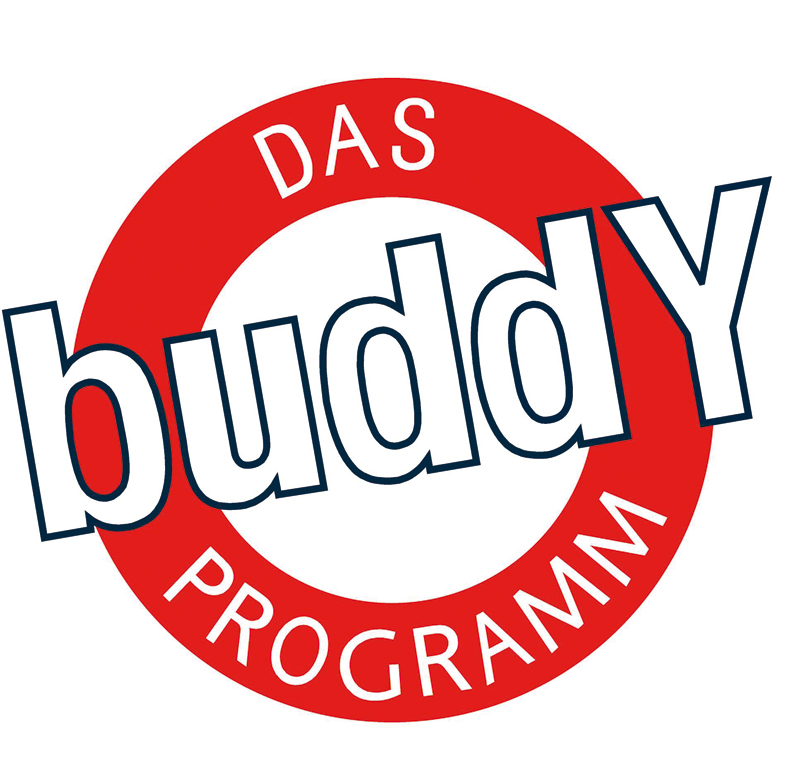 Das Bild zeigt das Logo des buddy Programms. Es besteht aus einem roten Kreis mit weißem Hintergrund, in dem das Wort 'buddy' in blauen Buchstaben steht. Oben und unten im Kreis stehen die Worte 'DAS' und 'PROGRAMM' in weißen Buchstaben. Das Logo steht im Kontext der Prävention im Arbeitsschutz, gefördert von der Unfallkasse NRW.