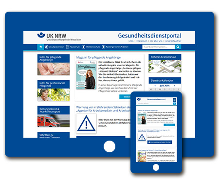 Darstellung der Webseite des Gesundheitsdienstportals der Feuerwehr-Unfallkasse NRW auf einem blauen Desktop- und Smartphone-Symbol. Die Webseite zeigt Informationen und Artikel für pflegende Angehörige, professionelle Pflegedienste, sowie Seminare. Ein Warnhinweis hebt Betrugsschreiben bezüglich Unfallversicherungsbeiträgen hervor. Das Logo der UK NRW befindet sich oben links auf der Webseite. Diese Visualisierung steht im Kontext von Arbeitsschutz und Prävention.