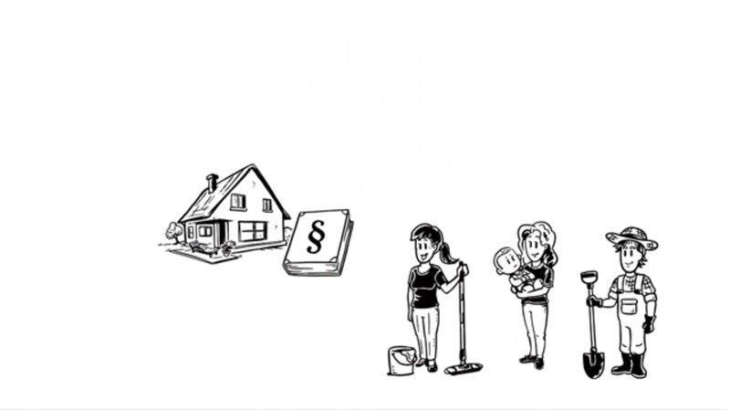 Das Bild zeigt eine schwarz-weiße Zeichnung. Links ist ein Haus abgebildet. Daneben steht ein Gesetzbuch mit einem Paragraphen-Symbol. Rechts davon sind drei Personen dargestellt: eine Frau mit einem Eimer und Wischmopp, eine Frau mit einem Kleinkind im Arm und einem Staubsauger, sowie ein Mann mit einem Spaten und Strohhut. Das Bild steht im Kontext von Arbeitsschutz und Prävention, insbesondere im häuslichen Bereich, wie er für die Unfallkasse NRW relevant ist.