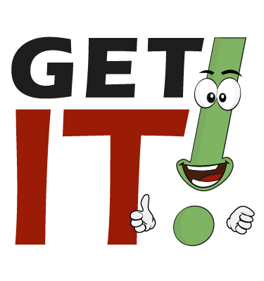 Eine Grafik zeigt den Schriftzug 'GET IT!' in großen Buchstaben. Das Ausrufezeichen am Ende ist grün und hat ein freundliches Gesicht mit zwei Augen und einem breiten Lächeln. Die Figur hält einen Daumen hoch als Zeichen der Zustimmung. Diese Darstellung könnte im Zusammenhang mit einer Präventionskampagne zu Arbeitsschutzmaßnahmen der Unfallkasse NRW stehen, die auf positive und motivierende Art zur Einhaltung von Sicherheitsvorschriften ermutigt.