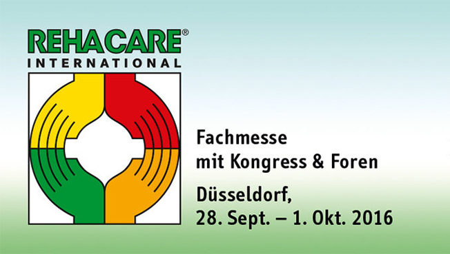 Das Bild zeigt das Logo der REHACARE International mit einem farbigen Kreis, der in vier Segmente unterteilt ist, links gelb, oben rot, rechts orange, und unten grün. Daneben steht der Text: 'Fachmesse mit Kongress & Foren Düsseldorf, 28. Sept. – 1. Okt. 2016.' Der Hintergrund ist ein sanfter Farbverlauf von Grün zu Blau. Kontext: Veranstaltung zu Rehabilitation und Pflege, relevant für Arbeitsschutz und Prävention.