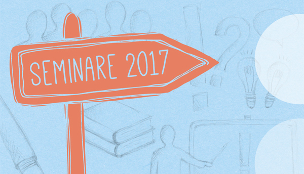 Das Bild zeigt ein gezeichnetes rotes Schild mit der Aufschrift 'Seminare 2017' auf blauem Hintergrund. Im Hintergrund sind skizzierte Umrisse von Menschen, ein Buch, Glühbirnen und eine Person, die auf ein Whiteboard zeigt. Diese Elemente symbolisieren Bildung und innovative Ideen im Kontext von Arbeitsschutz und Prävention im Rahmen der Unfallkasse NRW.