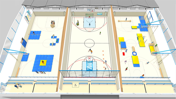 Illustration einer Sporthalle aus Vogelperspektive, die in drei Bereiche unterteilt ist. Links ist ein Gymnastikbereich mit blauen Matten und Turngeräten. In der Mitte ist ein Basketballfeld mit aktivem Spiel. Rechts sind Gelbe Kletter- und Balanciergeräte für Kinder. Die Halle ist ausgestattet mit Sicherheitsvorkehrungen, die für Arbeitsschutz und Prävention wichtig sind. Beachtet werden Sicherheitsabstände und gut sichtbare Notausgänge. Geeignet für die Vermittlung von Sicherheitskonzepten im Sportunterricht.