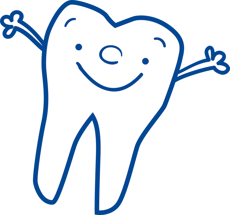 Ein einfacher, blauer Cartoon-Zahn mit menschlichem Gesichtsausdruck. Der Zahn lächelt, hat kleine Augen, eine Nase und seitlich ausgestreckte Arme. Dieses Bild könnte im Kontext von Gesundheitsförderung und Prävention im Bereich Zahngesundheit unter Arbeitnehmenden verwendet werden, beispielsweise zur Förderung der Mundhygiene und der Reduzierung von Gesundheitsrisiken am Arbeitsplatz.