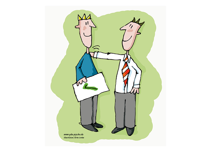 Die Illustration zeigt zwei gezeichnete Figuren vor einem grünen Hintergrund. Beide Figuren tragen Kronen, was symbolisch für Leitungspositionen stehen kann. Die linke Figur hält ein Klemmbrett mit einem grünen Häkchen darauf in der linken Hand. Die rechte Figur hat eine Hand freundschaftlich auf der Schulter der linken Figur. Dies könnte auf Zusammenarbeit und Bestätigung von Arbeitsschutzmaßnahmen hinweisen. Im Kontext der Unfallkasse NRW steht die Darstellung vermutlich für erfolgreiche Prävention und den gemeinsamen Einsatz für Sicherheit am Arbeitsplatz.